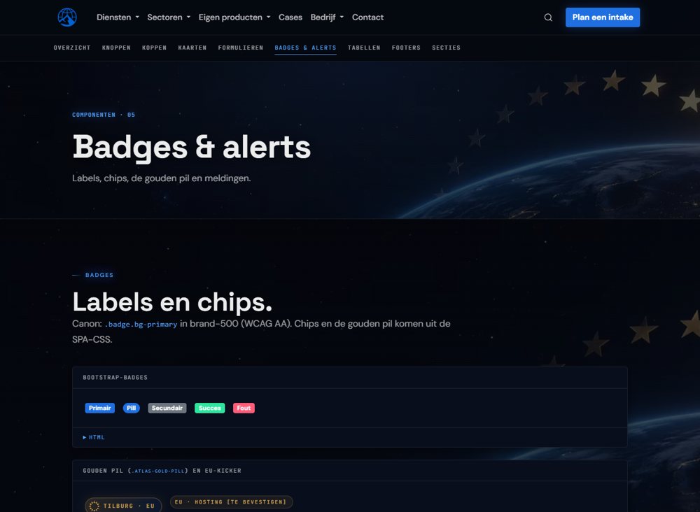 UI-kit: Badges en alerts op 1366 px breed